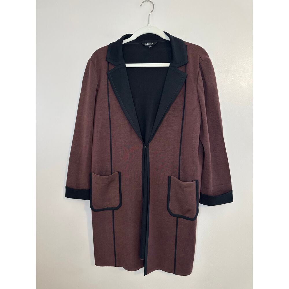 Misook Womens Burgundy Longsleeve Knit Open Duster Cardigan Contrast Trim Medium